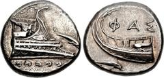 LYCIA, Phaselis. 4th century BC. AR Stater (21mm, 10.39 g, 4h). Prow of galley right, fighting platform decorated with Pegasos flying right; below, dolphin right / Stern of galley left; ΦAΣ above; bel