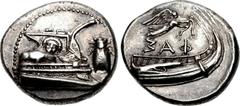 LYCIA, Phaselis. 4th century BC. AR Stater (23mm, 10.40 g, 5h). Prow of galley right, fighting platform decorated with facing gorgoneion; to right, cicada upward / Stern of galley right; above, Nike f