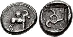 DYNASTS of LYCIA. Kuprilli. Circa 480-440 BC. AR Tetrobol (14mm, 3.05 g). Goat standing right; above, round shield inscribed KO / Triskeles; retrograde KO-ΠP-ΛΛ-E around; all in dotted square within i