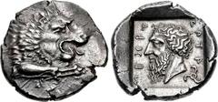 DYNASTS of LYCIA. Mithrapata. Circa 390-370 BC. AR Stater (24.5mm, 9.80 g, 1h). Forepart of lion right / Head of Mithrapata left; MITHR-A-P-ATA in Lycian around, triskeles to lower right; all within i