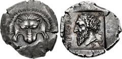 DYNASTS of LYCIA. Mithrapata. Circa 390-370 BC. AR Stater (24.5mm, 9.63 g, 4h). Facing lion scalp / Head of Mithrapata left; MITHRAP-A-T-A in Lycian around, triskeles to lower right; all within incuse