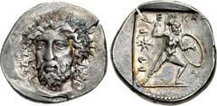 DYNASTS of LYCIA. Perikles. Circa 380-360 BC. AR Stater (23mm, 9.85 g, 11h). Struck circa 380-375 BC. Head of Perikles facing slightly left, drapery around neck / Warrior, nude but for crested Corinth