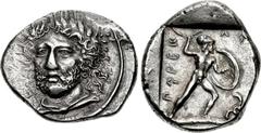 DYNASTS of LYCIA. Perikles. Circa 380-360 BC. AR Stater (25mm, 10.05 g, 3h). Struck circa 380-375 BC. Head of Perikles facing slightly left, wearing laurel wreath, drapery around neck / Warrior, nude 