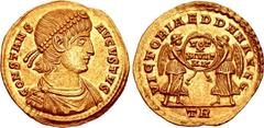 Constans. AD 337-350. AV Solidus (22mm, 4.57 g, 6h). Treveri (Trier) mint. Struck AD 347-348. CONSTANS AVGVSTVS, pearl-diademed, draped, and cuirassed bust right / VICTORIAE DD NN AVGG, two Victories 