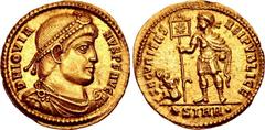 Jovian. AD 363-364. AV Solidus (22mm, 4.38 g, 12h). Sirmium mint. Struck 363/4. D N IOVIA NVS P F AVG, pearl-diademed, draped, and cuirassed bust right / SECVRITAS REIPVBLICE, Jovian, diademed and in 