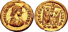 Valentinian II. AD 375-392. AV Solidus (21mm, 4.49 g, 6h). North Italian mint. Struck AD 383. D N VALENTINI ANVS P F AVG, pearl-diademed, draped, and cuirassed bust right / VICTOR IA AVGG, Valentinian
