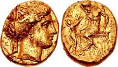 CALABRIA, Tarentum. Circa 320 BC. AV Stater (15.5mm, 8.54 g, 6h). Head of Persephone right, wearing a stephanos ornamented with palmettes, a slight veil, and triple-pendant earring; E to left; [to rig