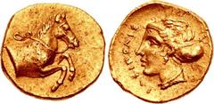 SICILY, Gela. Circa 415-405 BC. AV Litra (9mm, 0.86 g, 1h). Forepart of bridled horse right / Head of female left, hair in ampyx, wearing single-pendant earring and necklace; ΣΩΣΙΠΟΛΙΣ to left. Jenkin