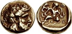 BOEOTIA, Thebes. Circa 367-362 BC. EL Hemidrachm (12.5mm, 3.02 g, 12h). Bearded head of Dionysos right, wearing ivy wreath / The Herakliskos Drakonopnigon: the Infant Herakles, nude, crouching facing,