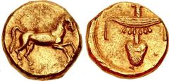 EGYPT, Pharonic Kingdom. Nektanebo II. 361-343 BC. AV Stater (16.5mm, 8.16 g, 10h). Horse prancing right / Heiroglyphic representation of “good gold”: pectoral necklace ( nebew = “gold”) crossing hori