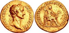 Trajan. AD 98-117. AV Aureus (19mm, 7.12 g, 7h). Restitution issue of Tiberius. Rome mint. Struck circa AD 107 or 112/113. TI CAESAR DIVI AVG F AVGVSTVS, laureate head of Tiberius right / IMP CAES TRA