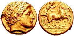 KINGS of MACEDON. Philip II. 359-336 BC. AV Stater (22mm, 8.53 gm). Teos mint. Struck for Philip III, 323-319 BC. Laureate head of Apollo right / Charioteer driving biga right; monogram below horses. 