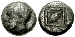 LESBOS, Antissa(?). Circa 500-450 BC. Billon Obol (9mm, 0.87 gm). Head of an African left / Human eye with A and pellet, all in linear incuse square. Babelon, Traité 599 (pl. XV, 9). Near VF. Rare eth