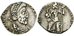 EUGENIUS. 392-394 AD. AR Siliqua (15mm, 1.03 gm). Uncertain mint. Pearl-diademed, draped and cuirassed bust right / Roma seated left on cuirass, holding Victory on globe in right hand, reversed spear 