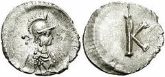 ROMA. After 330 AD. AR Third-Siliqua (15mm, 0.77 gm). Constantinople mint. Helmeted and draped bust of Constantinopolis right / Large K. Bendall 8c; Kent pl. 13, 28. Good VF, hairline flan crack. S. B