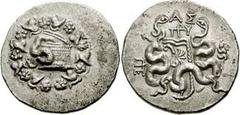 MYSIA, Pergamon. Circa 133-67 BC. AR Cistophoric Tetradrachm (12.54 gm). Struck circa 92-88 BC. Cista mystica with serpent; all within ivy-wreath / Bow-case with two serpents; AΣ above, serpent right.
