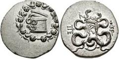 MYSIA, Pergamon. Circa 133-67 BC. AR Cistophoric Tetradrachm (26mm, 12.61 gm). Struck circa 95-92 BC. Cista mystica with serpent; all within ivy-wreath / Bow-case with two serpents; AM above, monogram
