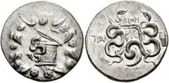 LYDIA, Tralles. Circa 125-88 BC. AR Cistophoric Tetradrachm (27mm, 12.50 gm). Cista mystica with serpent; all within ivy-wreath / Bow-case with two serpents; TΡAΛ to left, ΔION above, lyre to right. S
