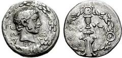 AUGUSTUS. 27 BC-14 AD. AR Denarius (18mm, 3.35 gm). Uncertain mint. Struck circa 17 BC. Bare head right, within oak wreath / Candelabrum within floral wreath. RIC I 540; RSC 2. Near VF, bankers' marks