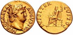 NERO. 54-68 AD. AV Aureus (18mm, 7.20 gm). Rome mint. Struck 64-65 AD. Laureate head right / Jupiter seated left, holding thunderbolt and sceptre. RIC I 52; WCN 25; Cohen 118. Choice VF, traces of mou