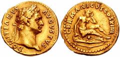 DOMITIAN. 81-96 AD. AV Aureus (20mm, 7.26 gm). Struck 88-89 AD. Laureate head right / Germania seated right on shield, mourning; broken spear below. RIC II 127; Cohen 148. VF, slightly wavy flan, trac