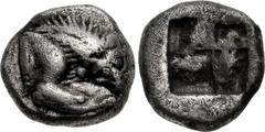 LUCANIA, Velia. Circa 535-510 BC. AR Obol (7mm, 0.53 g). Forepart of lion right, devouring prey / Quadripartite incuse square. Cf. Williams 1–31 (drachms); HN Italy 1261. VF, toned, some porosity. Rar