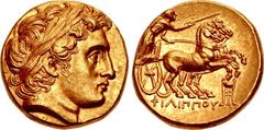 KINGS of MACEDON. Philip III Arrhidaios. 323-317 BC. AV Stater (16.5mm, 8.60 g, 12h). In the types of Philip II. Kolophon mint. Struck under Menander or Kleitos, circa 322-319 BC. Head of Apollo right