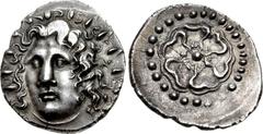 ISLANDS off CARIA, Rhodos. Rhodes . Circa 88/42 BC-AD 14. AR Drachm (19mm, 3.93 g). Radiate head of Helios facing slightly right / Rose seen from above; grain ear above. Ashton & Weiss 93a (A22/P92 – 