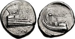 LYCIA, Phaselis. 4th century BC. AR Stater (21.5mm, 10.27 g, 11h). Prow of galley right, fighting platform decorated with lion at bay right; eight-pointed star to right; below, ketos right above waves