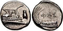 LYCIA, Phaselis. 4th century BC. AR Stater (21mm, 10.35 g, 8h). Prow of galley right, fighting platform decorated with facing gorgoneion; to right, cicada upward / Stern of galley left; ΦAΣ above. Hei
