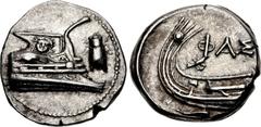 LYCIA, Phaselis. 4th century BC. AR Stater (22mm, 10.45 g, 3h). Prow of galley right, fighting platform decorated with facing gorgoneion; to right, cicada upward / Stern of galley left; ΦAΣ above; bel