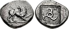 DYNASTS of LYCIA. Kuprilli. Circa 480-440 BC. AR Stater (21mm, 8.66 g). Lion standing right, head left, raising forepaw / Triskeles; KO-ΠP-ΛΛE around; all in pelleted square within incuse square. Cf. 