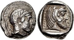 DYNASTS of LYCIA. Kherei. Circa 410-390 BC. AR Stater (17mm, 8.48 g, 12h). Telmessos mint. Helmeted head of Athena right; TE (in Lycian) between neck guard and crest / Bearded head of Herakles right, 