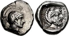 DYNASTS of LYCIA. Uncertain. Circa 400 BC. AR Stater (19.5mm, 8.44 g, 6h). Telmessos mint. Helmeted head of Athena right / Head of Herakles right; TELEBEHI[HE] (in Lycian) before; all within incuse sq