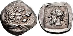 DYNASTS of LYCIA. Mithrapata. Circa 390-370 BC. AR Stater (25.5mm, 9.86 g, 7h). Forepart of lion right / Head of Mithrapata left; MITHRAP-A-T-A in Lycian around, triskeles to lower right; all within i