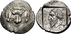 DYNASTS of LYCIA. Mithrapata. Circa 390-370 BC. AR Stater (25.5mm, 10.03 g, 7h). Facing lion scalp; triskeles below / Head of Mithrapata left; MITHRAPATA (in Lycian) around, triskeles to lower right; 