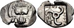 DYNASTS of LYCIA. Mithrapata. Circa 390-370 BC. AR Stater (27.5mm, 9.71 g, 6h). Facing lion scalp / Triskeles; MITHRAPATA (in Lycian) around; to lower right, kerykeion and head of Hermes facing slight