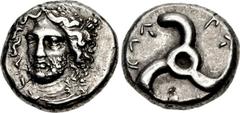 DYNASTS of LYCIA. Perikles. Circa 380-360 BC. AR Third Stater – Tetrobol (13mm, 3.10 g). Laureate and draped bust of Perikles facing slightly left, drapery around neck / Triskeles; PERIKLE in Lycian a