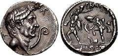 The Pompeians. Sextus Pompey. 37/6 BC. AR Denarius (17mm, 3.89 g, 1h). Uncertain Sicilian mint. Bare head of Pompey the Great right; capis to left, lituus to right / Neptune standing left, holding apl