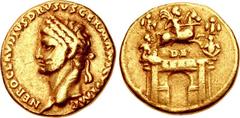 Nero Claudius Drusus. Died 9 BC. AV Aureus (18mm, 7.72 g, 8h). Lugdunum (Lyon) mint. Struck under Claudius, AD 41-42. NERO CLAVDIVS DRVSVS GERMANICVS IMP, laureate head left / DE above and GERM on arc