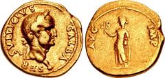 Galba. AD 68-69. AV Aureus (19mm, 7.19 g, 7h). Lugdunum (Lyon) mint. Struck circa November AD 68–15 January AD 69. SER SVLDICIVS GALBA [sic], laureate head right, globe at point of neck / AVG IMP, Fem