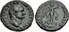 Titus. As Caesar, AD 69-79. Æ As (26mm, 12.66 g, 7h). Rome mint. Struck under Vespasian, AD 72. Laureate head right / VICTORIA NAVALIS, Victory standing right on prow of galley, holding palm frond and