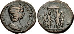 Julia Domna. Augusta, AD 193-217. Æ As (25mm, 10.96 g, 6h). Rome mint. Struck under Caracalla, circa AD 214. Diademed and draped bust right / Four Vestal Virgins sacrificing over altar in front of the