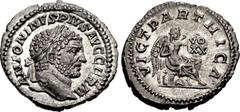 Caracalla. AD 198-217. AR Denarius (20mm, 2.57 g, 7h). Rome mint. Struck AD 217. Laureate head right / Victory seated right on cuirass, inscribing VO/XX in two lines on shield set on her knee; helmet 