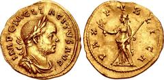 Tacitus. AD 275-276. AV Aureus (21mm, 4.27 g, 12h). Lugdunum (Lyon) mint. 1st emission, AD 275. IMP C M CL TACITVS AVG, laureate, draped, and cuirassed bust right / PAX PVBLICA, Pax standing left, hol