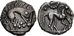 CELTIC, Iceni. Uninscribed. Circa 65-1 BC. AR Unit (12mm, 0.96 g, 7h). Norfolk Boar Triadic (Icenian C) type. Stylized boar right with pellet on front; triad of pellets below / Horse right; wheel abov