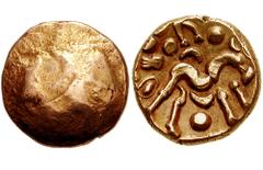 CELTIC, Gaul. Ambiani. Circa 58-55 BC. AV Stater (5.48 gm). Gallic War Uniface Type. Estimate $500 CELTIC, Gaul. Ambiani. Circa 58-55 BC. AV Stater (5.48 gm). Gallic War Uniface Type. Plain obverse / 