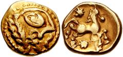 CELTIC, Gaul. Bellovaci. Circa 58-27 BC. AV Stater (5.90 gm). Cross-Channel Prototype. Estimate $1500 CELTIC, Gaul. Bellovaci. Circa 58-27 BC. AV Stater (5.90 gm). Cross-Channel Prototype. Stylized he