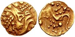 CELTIC, Gaul. Uncertain tribe. Circa 58-27 BC. AV Quarter Stater (1.54 gm). Cross-Channel Prototype. Estimate $1000  CELTIC, Gaul. Uncertain tribe. Circa 58-27 BC. AV Quarter Stater (1.54 gm). Cross-C