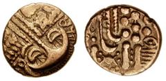 CELTIC, Britain. Belgae. Circa 55-45 BC. AV Stater (5.18 gm). Cheriton Smiler Type. Estimate $750 CELTIC, Britain. Belgae. Circa 55-45 BC. AV Stater (5.18 gm). Cheriton Smiler Type. Wreath motif with 